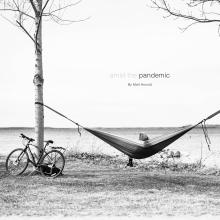 A person reading a book on a hammock. A photo has text that reads "amid the pandemic by Matt Honold"